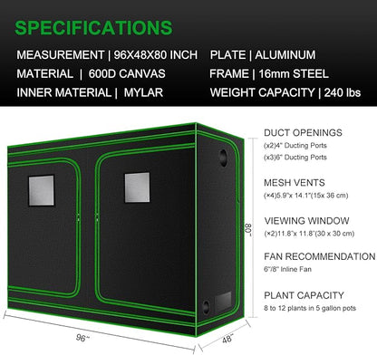 MELONFARM 4x8 Grow Tent, 96"x48"x80" High Reflective 600D Diamond Mylar Canvas with Observation Window and Floor Tray for Hydroponic Indoor Plant Growing