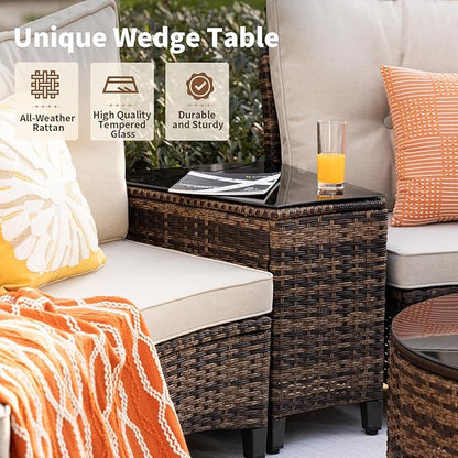 MEISSALIVVE 9 Piece Outdoor Patio Furniture Set, Half-Moon Curved Sectional Set with Wood Armrests, Patio Conversation Set, Tempered Glass Coffee & Side Tables（Brown）