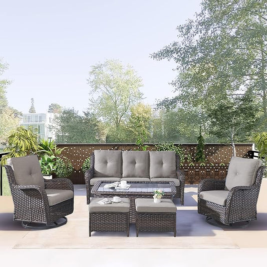 Rilyson 6 Piece Outdoor Patio Furniture Set - Rattan Wicker Patio Conversation Sets with 2 Swivel Rocker Chairs,2 Ottomans,1 Sofa and 1 Coffee Table for Outside Porch Deck Backyard(Brown/Grey)