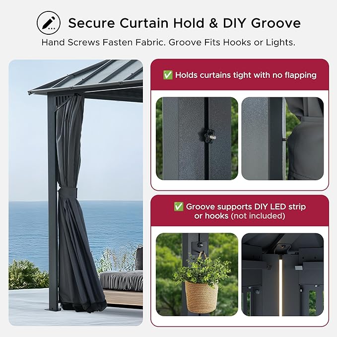 SUNJOY Kingston 16' x 12' Hardtop Gazebo with Galvanized Steel/Polycarbonate Double Roof, Curtain and Netting, Gray Aluminum Posts Permanent Pavilion Gazebo for Garden, Patio, Deck, Lawn