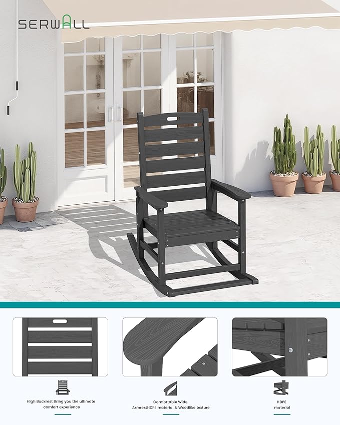 SERWALL Outdoor Rocking Chair Set of 2, Oversized Rocking Chair with Footboard for Adults, HDPE All Weather Resistant Rocking Chairs for Patio, 350lbs Weight Capacity, Gray