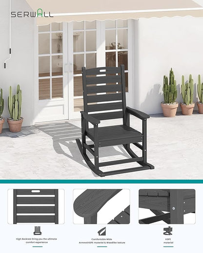 SERWALL Outdoor Rocking Chair Set of 2, Oversized Rocking Chair with Footboard for Adults, HDPE All Weather Resistant Rocking Chairs for Patio, 350lbs Weight Capacity, Gray
