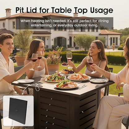 28 Inch Outdoor Propane Fire Pit,50,000 BTU Gas Firepit Table with Steel Lid,304 Stainless Steel H-Burner,Lava Rocks and Wind Guard,Fire Pits for Outside Patio Deck Garden,Black