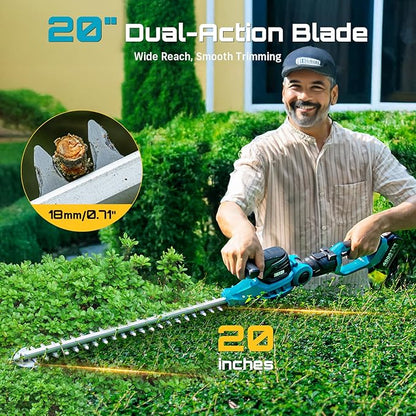 SEESII Pole & Cordless Hedge Trimmer 2-in-1: Electric Bush Trimmer with 20" Dual-Action Blade - 2 Pcs 4.0Ah Batteries, Telescopic Pole, Adjustable Rotating Head, Handheld Hedge Cutter for Tree Shrubs