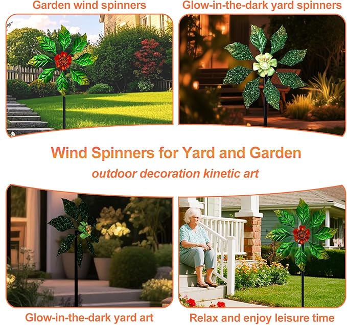 Glow-in-Dark Metal Wind Spinner for Yard and Garden, Outdoor Luminous Wind Spinners Yard Art Garden Decor (13.4" W x 47" H) Orange