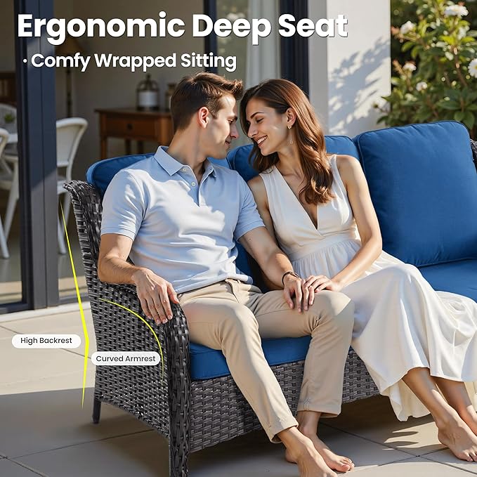 ovios 7 Pieces Patio Furniture Set, Outdoor Wicker Sofa Couch with Swivel Chairs 42" Fire Pit Table, High Back All Weather Modern Conversation Sets, Brown Rattan, Navy Blue