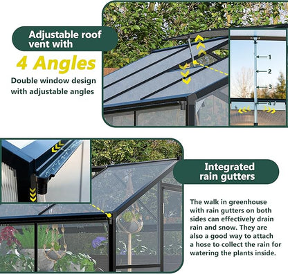 KEIKI 6 x 10 FT Greenhouse for Outdoors, Heavy Duty Polycarbonate Large Walk-in Greenhouse with Double Doors and Two Ventilation Windows for Outside Green House Garden Backyard