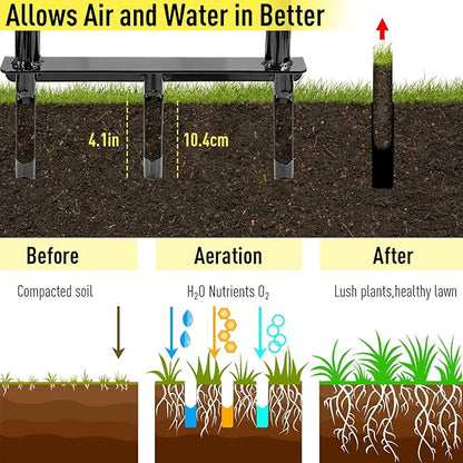JARDINEER Manual Push Lawn Aerator Coring Tool, Plug Aerators with 3 Hollow Tine, 5-Inch Deep Yard Aeration Tool, Soil Core Aerators with Wider Handle