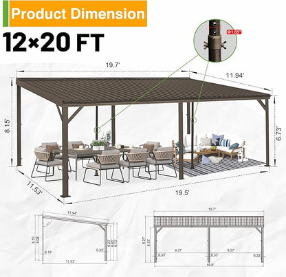 12x20FT Lean to Gazebo, Outdoor Hardtop Wall Mounted Gazebo with Gutter & Sloping Galvanized Steel Roof, Metal Hard Top Awnings for Deck, Porch, Backyard -Brown