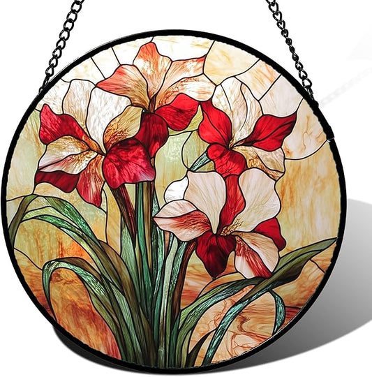 Stained Glass Window Hanging - Red Gladiolus Flower Suncatcher for Door Yard Sun Catchers Decor Christmas Mother's Day Birthday Gifts for Lovers Women Mom Nana Girlfriend Wife 11.8 in
