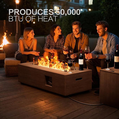42" Outdoor Fire Pit Table, 50,000 BTU Gas Fire Pit with Glass Wind Guard, Fire Stones, Waterproof Cover, Propane Fire Pit Table for Outside Patio (Brown)