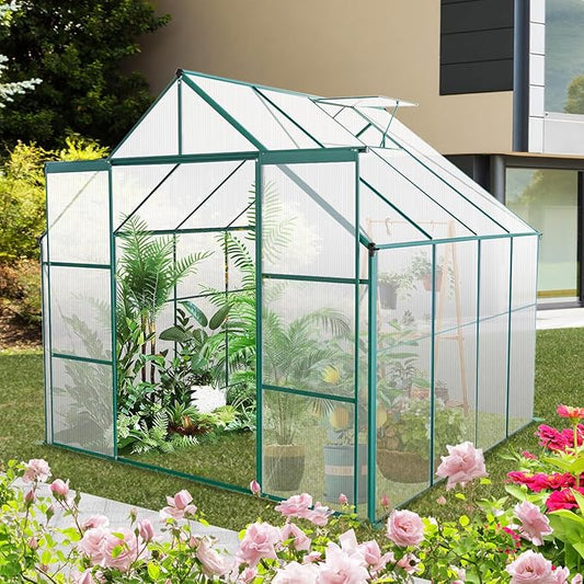 Favfurish 8X8 FT Greenhouses for Outdoors,Polycarbonate Greenhouse, Aluminum Heavy Duty Walk-in Green Houses, Adjustable Roof, Raised Base and Double Sliding Door for Outside Backyard, Green