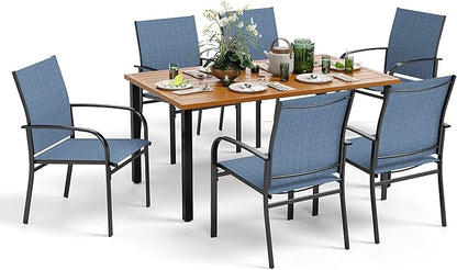 Patio Table and Chairs Set, Outdoor Dining Set for 6 with Blue Chairs and Teak Color Tabletop Outdoor Dining Table, 7-Piece Patio Furniture Set for Deck Backyard Lawn