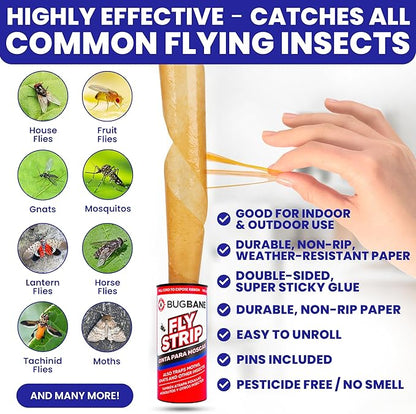 Fly Strips Indoor Sticky Hanging 10pk with Pins. Non Toxic Outdoor Fly Trap Indoor for Home. Flies Tape Paper Trap Ribbon Roll for House Gnat Fruit and Housefly. Bug Catchers for Inside Home Flypaper