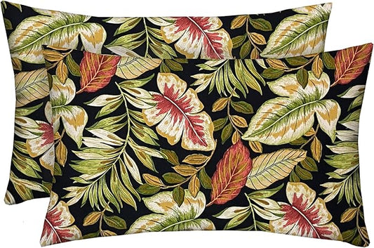 RSH DECOR: Lumbar Outdoor Throw Pillows Set of 2 | 20” x 12" |Water and Fade-Resistant Spun Fabric | Twilight Tropical Leaf