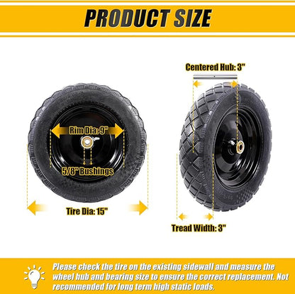 MZREXN 4.80/4.00-8" Flat Free Tire and Wheel 15" Solid Wheelbarrow Tires, 3.00-4.00/4.80-8" with 5/8" & 3/4" Bearings, 3" Centered Hub for Hand Truck Garden Trailers Utility Cart Yard Wagon 2PCS Black