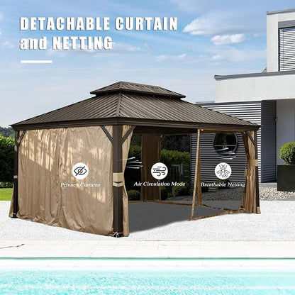Domi 10'x14' Hardtop Gazebo withGutters, Outdoor Aluminum Frame Canopywith Galvanized Steel Double Roof,Outdoor Permanent Metal Pavilion withCurtains and Netting for Patio, Backyardand Lawn Brown
