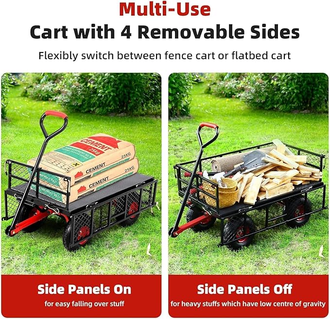 880 Lb Tire Steel Garden Dump Cart, Heavy-Duty Dump cart Wagon and Wagons with 4-Side Removable Mesh and 180° Swivel Handle, 10" Tires, Patio Dump Cart Utility Wagon, Metal Push Trolley