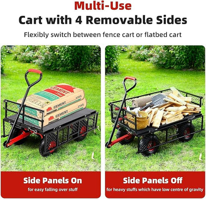 880 Lb Tire Steel Garden Dump Cart, Heavy-Duty Dump cart Wagon and Wagons with 4-Side Removable Mesh and 180° Swivel Handle, 10" Tires, Patio Dump Cart Utility Wagon, Metal Push Trolley