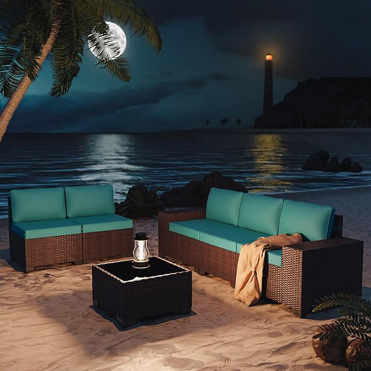Outdoor Patio Furniture Set, 6 Pieces Outdoor Furniture All Weather Patio Sectional Sofas PE Wicker Modular Conversation Sets with Coffee Table,5 Chairs & Seat Clips Turquoise Blue.