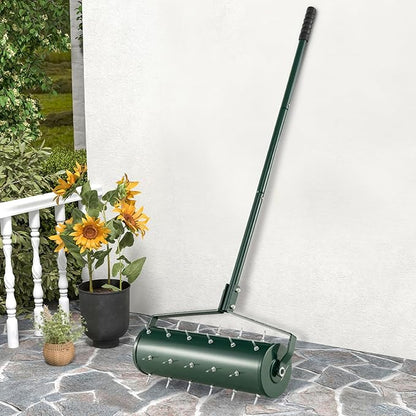 Goplus Rolling Lawn Aerator, 21-Inch Garden Yard Rotary Push Tine Filled Sand Stone, Heavy Duty Spike Soil Aeration w/Metal Handle, Fillable Drum 51" Manual Lawn Aeration Tool Garden Grass Patio Yard