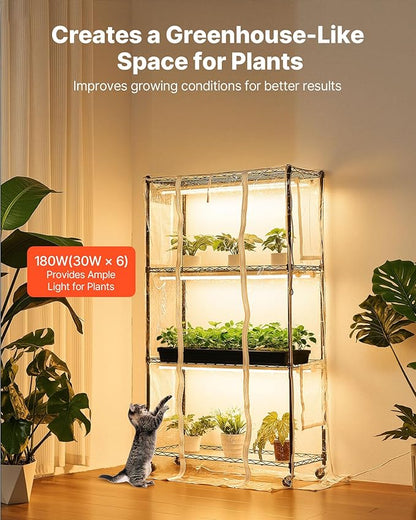VEVOR Indoor Greenhouse with Grow Light, 59 in Tall 4-Tier Plant Stand with Clear Cover, Timer & Hygrometer, 180W Full Spectrum Grow Lights, Metal Lighted Plants Shelf Holder for Indoor Plants
