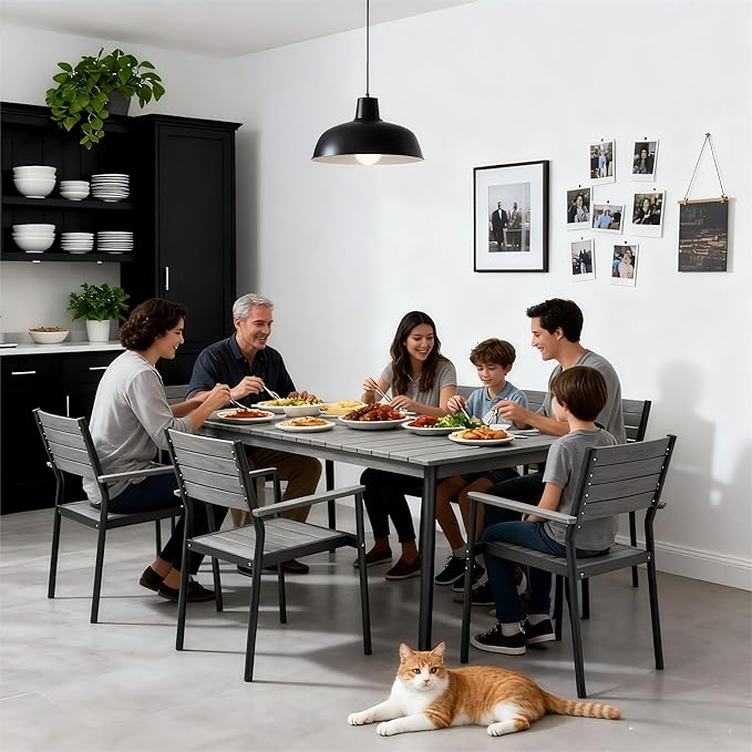 Aluminum 70 Inch Patio Outdoor Dining Table for 6, Umbrella Hole & Wood-Like Top, All-Weather Deck & Backyard Table