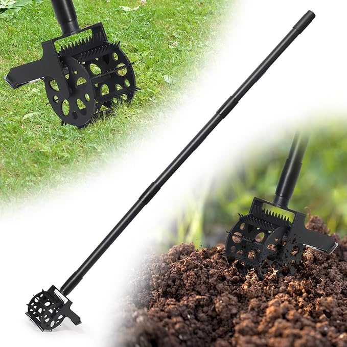 Rotary Cultivator Tool, 2-in-1 Garden Weeder, Crumbler Soil Cultivator Hand Tiller Garden Tool with Sharp Weeding Knife for Soil Mixing, Grass Removal, Lawn Edger, 52 Inch Long