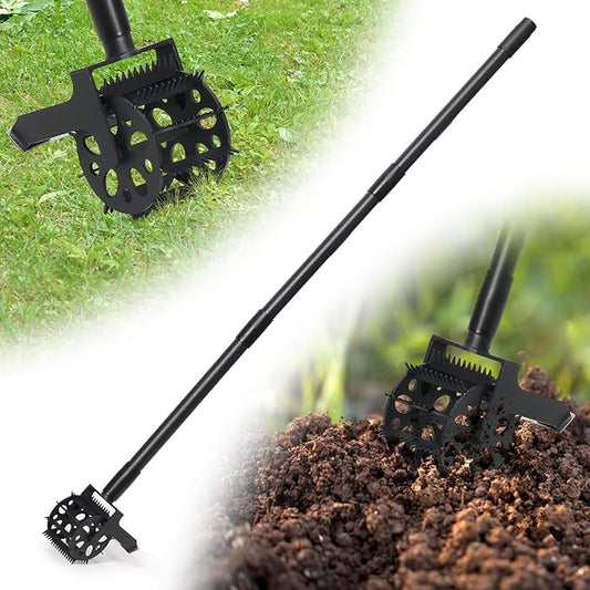 Rotary Cultivator Tool, 2-in-1 Garden Weeder, Crumbler Soil Cultivator Hand Tiller Garden Tool with Sharp Weeding Knife for Soil Mixing, Grass Removal, Lawn Edger, 52 Inch Long