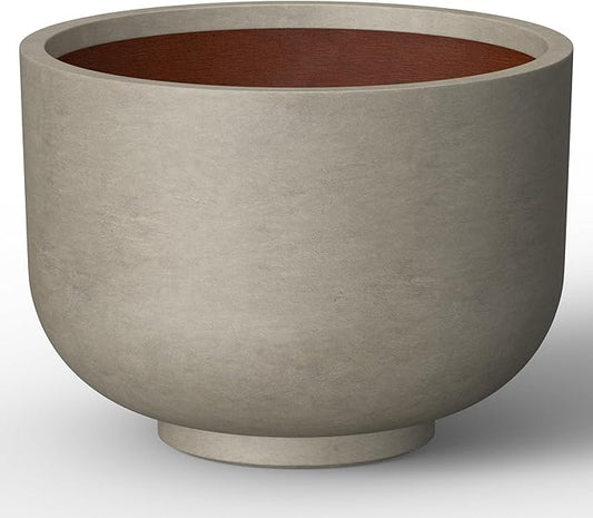 Kante 17.7 Inch Dia Concrete Bowl Planter, Large Tapered Bottom Plant Pot with Drainage, Smooth Weathered Concrete Finish with Warm Brown Interior, Ideal for Porch, Home, Garden, Patio