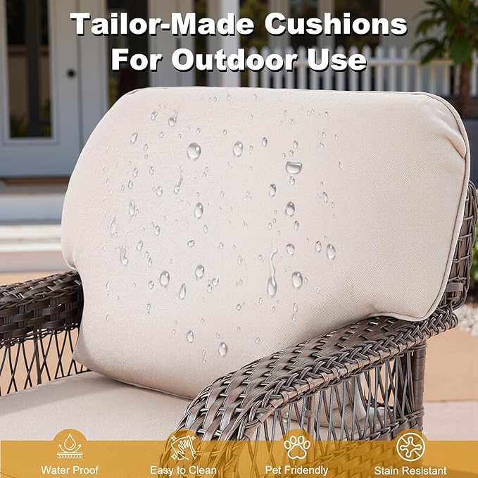 10 Pieces Patio Furniture Set Outdoor Sectional Sofa Couch with Rocking Swivel Chairs 5" Deep Seat Chairs, Modern Wicker Rattan Conversation Set, Beige/Brown Wicker