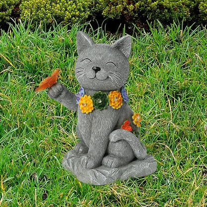 Outdoor Solar Cat Garden Statue - with LED Flowers and Butterfly Yard Art, Suitable for Lawn Decoration, Porch,Yard Decorations Outdoor, Birthday Gift for Mother, Grandmother, or Women