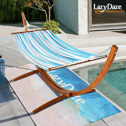 Lazy Daze Hammocks Cotton Fabric Spreader Bar Hammock and 10.5 Ft Wood Arc Hammock Stand Combo, for Indoor, Outdoor, Patio, Backyard, Blue and White
