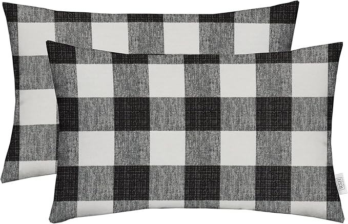 RSH DECOR: Lumbar Throw Pillows Set of 2 | 20” x 12" | All-Weather Spun Fabric | Water and Fade-Resistant | Outdoor Support Pillows for Patio Furniture | Black Buffalo Plaid