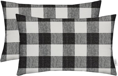 RSH DECOR: Lumbar Throw Pillows Set of 2 | 20” x 12" | All-Weather Spun Fabric | Water and Fade-Resistant | Outdoor Support Pillows for Patio Furniture | Black Buffalo Plaid