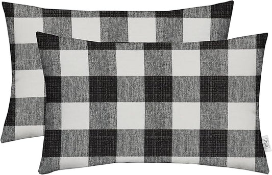 RSH DECOR: Lumbar Throw Pillows Set of 2 | 20” x 12" | All-Weather Spun Fabric | Water and Fade-Resistant | Outdoor Support Pillows for Patio Furniture | Black Buffalo Plaid