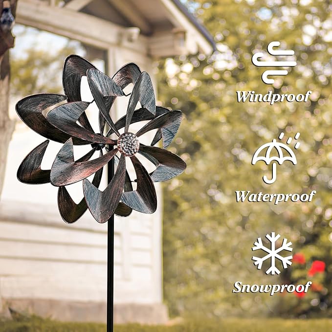 GUAGUA Classical Metal Wind Spinner Outdoor, 360 Degrees Swivel Wind Spinners for Yard and Garden, 74 in Wind Sculptures Willow Leaves Patio Decor (Bronze)