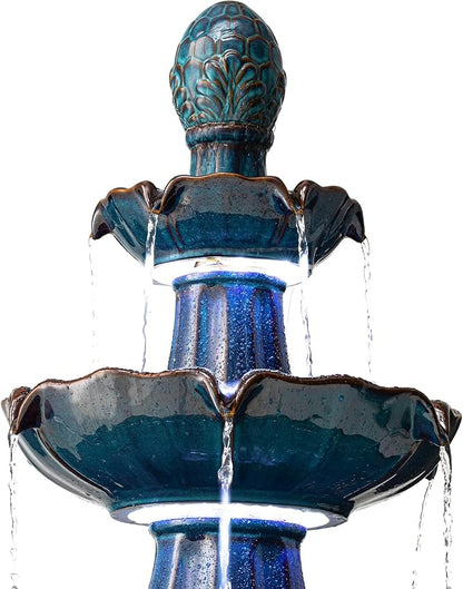 Glitzhome Outdoor Fountain and Waterfalls 3 Tier Patio Fountains, 45" H Turquoise Ceramic Water Fountain with LED Light, Pump & Adapter Garden Outdoor Floor Stand Fountains for Backyard Deck Lawn