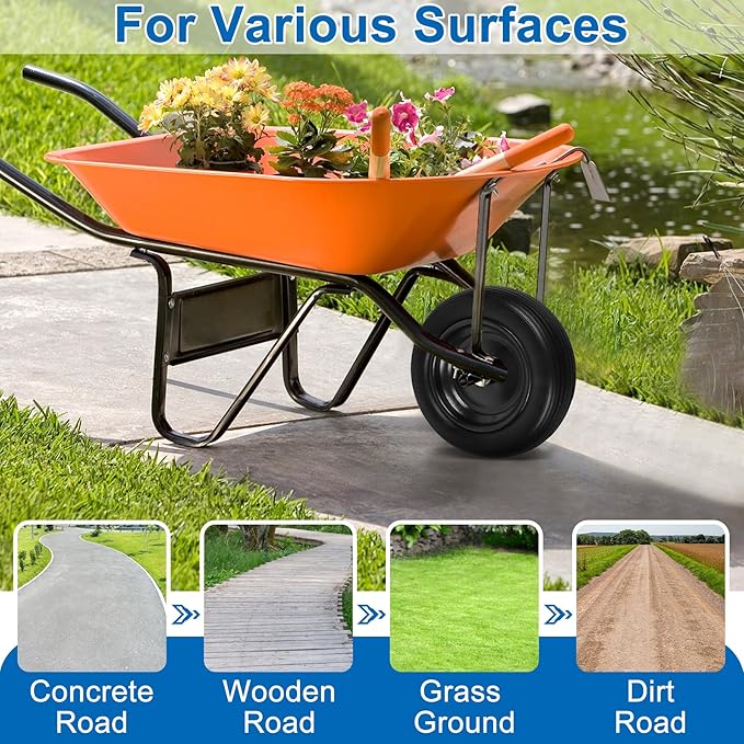 4.00-6 Flat Free Wheelbarrow Tires and Wheels, 13 Inch Wheelbarrow Tires with 5/8" or 3/4" Bearings, 1.75'' Centered Hub Hand Truck Solid Wheels Replacement for Hand Trucks, Dolly Trolleies