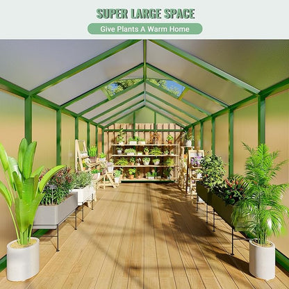 8x12 FT Greenhouse, Easy Assembly Aluminum Polycarbonate Greenhouses for Outdoors with Roof Vent, Large Aluminum Walk-in Greenhouse for Sunroom Patio, Backyard, Garden, Sliding Lockable Door, Green