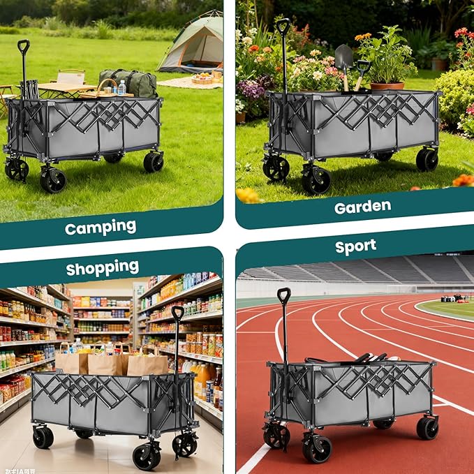 OLIXIS Collapsible Wagon Cart - 440lbs Foldable Extra Long Heavy Duty Utility Wagon with Wheels, Portable Storage Grocery Cart for Camping, Shopping, Sports, Beach, Garden (Grey, 48" L)
