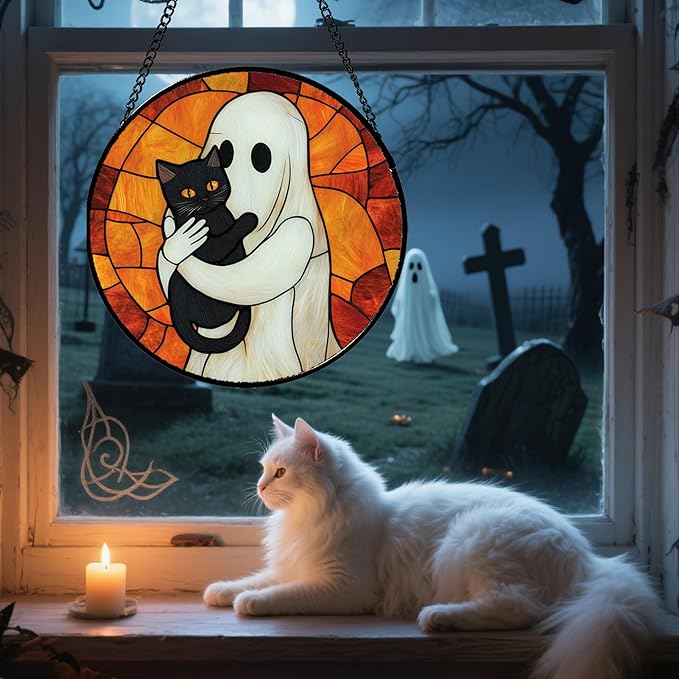 Stained Glass Window Hanging - Halloween Decorations White Ghost Black Cat Suncatcher for Doors Garden Spooky Funny Orange Sun Catchers Gothic Decor Horror Gifts for Women Men Friend 7.8 in