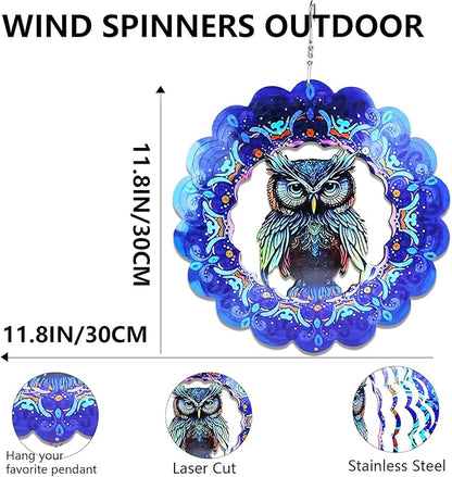 Wind Spinners Owl Arts12 inch 3D Stainless Steel Laser Cut Metal Art Geometric Pattern Wind Sculpture Hanging for Yard Garden Decorations Gifts Indoor Outdoor
