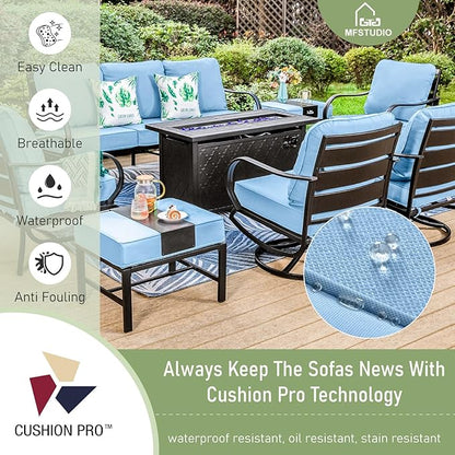 MFSTUDIO 4 Pieces Patio Conversation Sets(5 Seat), Outdoor Metal Furniture Sofa Set with 1 Loveseat(3 Seat), 2 Swivel Chairs, 1 Coffee Table, Steel Frame Patio Sets with Blue Cushion for Garden