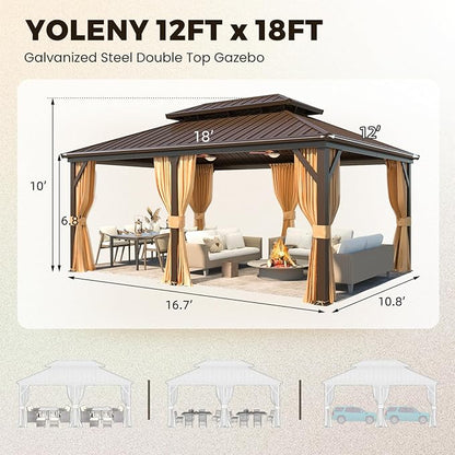 YOLENY 12' x 18' Gazebo Hardtop with Aluminum Frame,Galvanized Steel Double Roof Gazebos with Curtain and Netting,Outdoor Metal Pergolas for Garden, Lawn, Deck, Brown