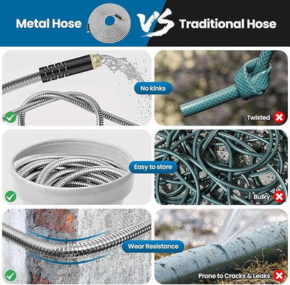 Garden Hose 95FT, Water Hose with 10 Function Nozzle, Garden Hose Metal with Leak-proof Connectors, Kink-Free & Ultra Flexible, Rust/Pet/Puncture Proof for Lawn, Yard, RV, Car Wash, 550PSI