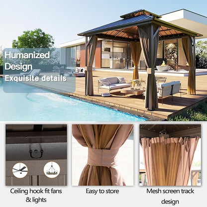 10' x 10' Outdoor Hardtop Gazebo Aluminum Frame with Double Metal Roof, Canopy Netting, Curtain, Patio Permanent Galvanized Steel Gazebo for Backyard, Garden, Party, Deck, Lawn