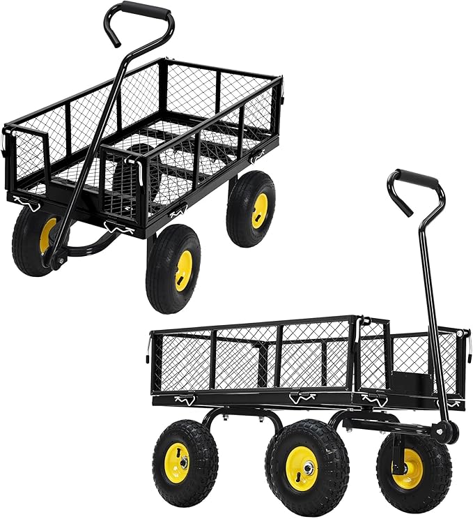 Heavy Duty Garden Cart On Wheels - 880LBS Metal Wagon with 10" Pneumatic Wheels, 180° Rotating Handle & Removable Sides - All-Terrain Yard Wagon for Farm, Beach & Outdoor Use