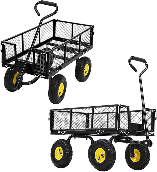 Steel Garden Cart, 900 LBS Heavy Duty Metal Garden Wagon with 10 in Wheels, Metal Push Wagon with 180° Rotating Handle and Removable Sides for Farm, Yard