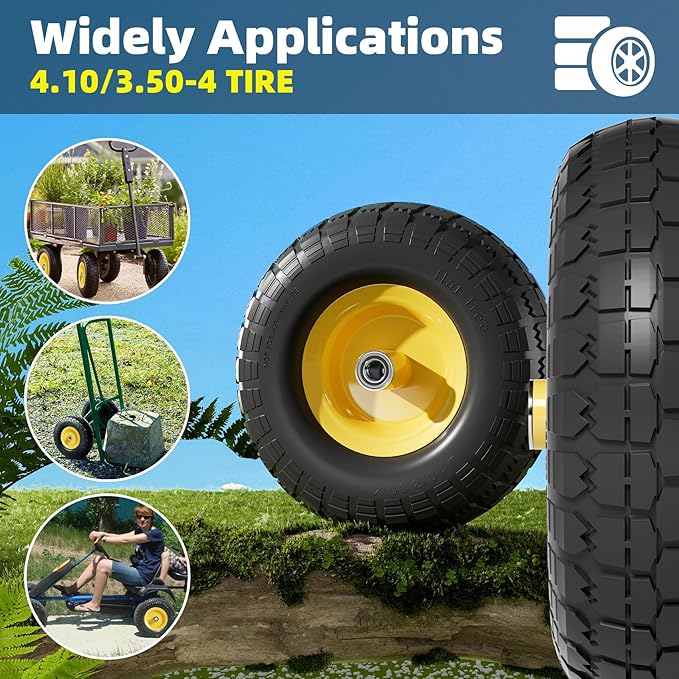 【UPGRADED】4.10/3.50-4 Tire and Wheel Flat Free, 10" Air Less Tires Wheels with 5/8" Center Bearings, 4.10/3.50/4 tires for Hand Truck/Trolley/Garden Utility Wagon Cart/Wheelbarrow/Generator, 4 Pack